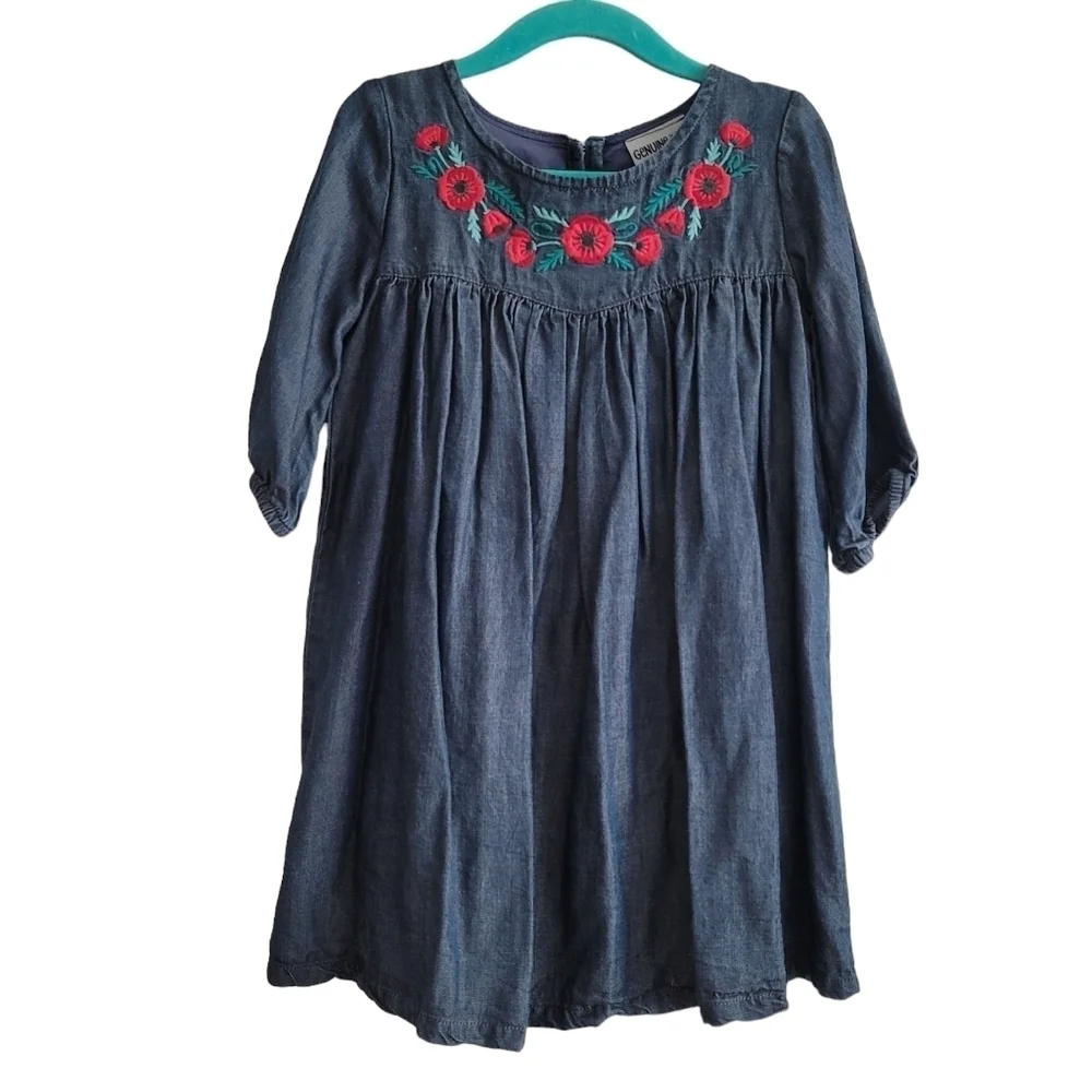 Genuine Kids 4T OshKosh B'Gosh Dark Lyocell Embroidered Floral‎ Chambray Dress